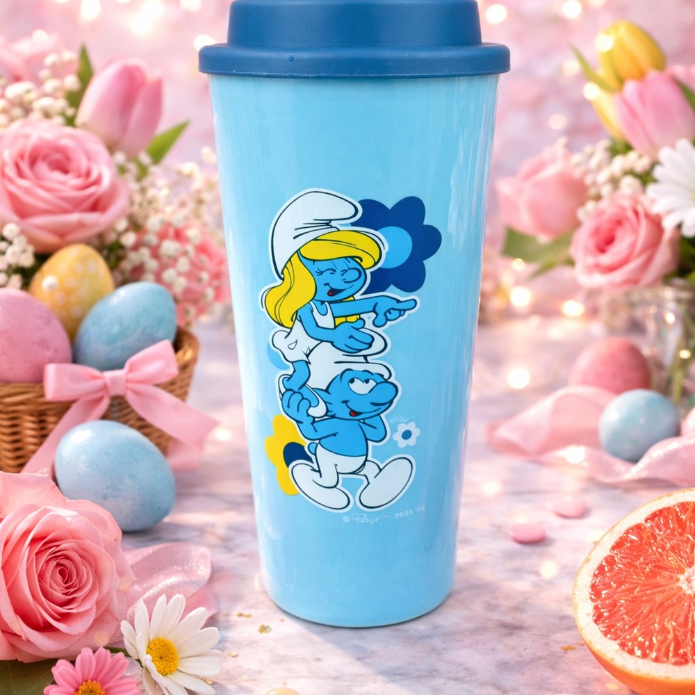 Light Blue Smurf-Themed Travel Mug with Dark Blue Lid